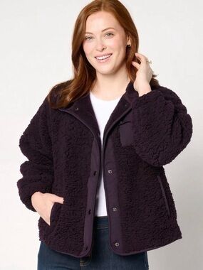 Weatherproof Snap Front Bonded Sherpa Fleece Jacket in Plum